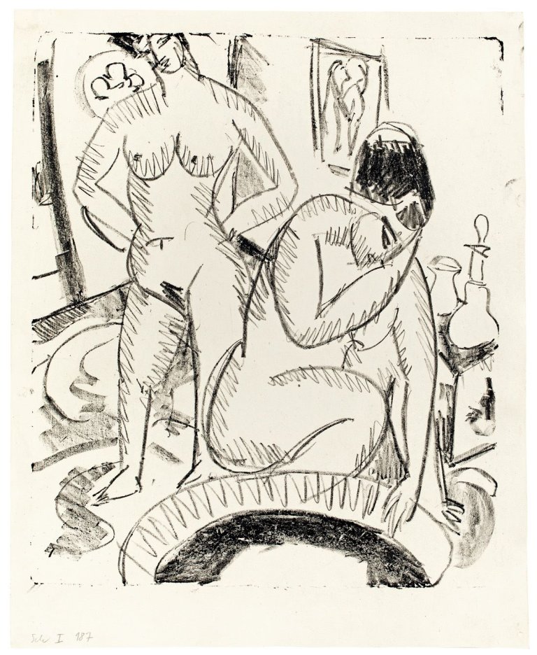 Auf diesem Bild ist das folgende Kunstwerk zu sehen: Ernst Ludwig Kirchner. „Zwei Badende an einem Tub“. 1911.