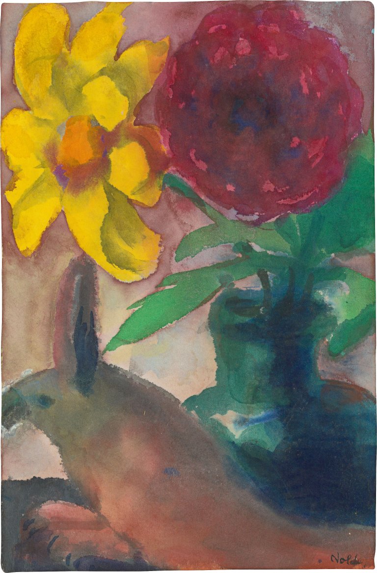 This picture shows the following artwork: Emil Nolde. Floral still life and animal figure. (before) 1941.
