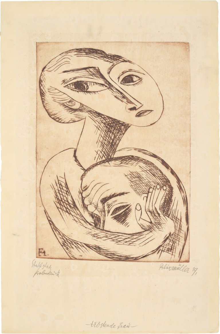 Auf diesem Bild ist das folgende Kunstwerk zu sehen: Conrad Felixmüller. „Tröstende Frau“. 1919.