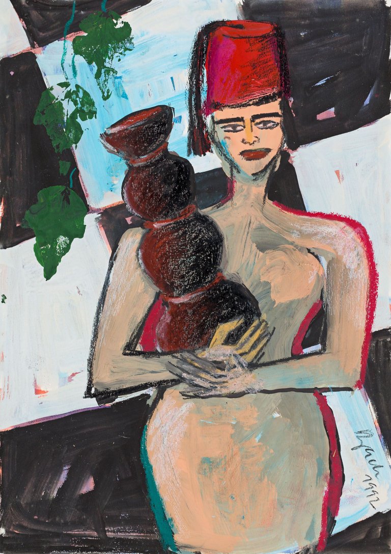 Auf diesem Bild ist das folgende Kunstwerk zu sehen: Elvira Bach. Frau mit Krug. 1992.