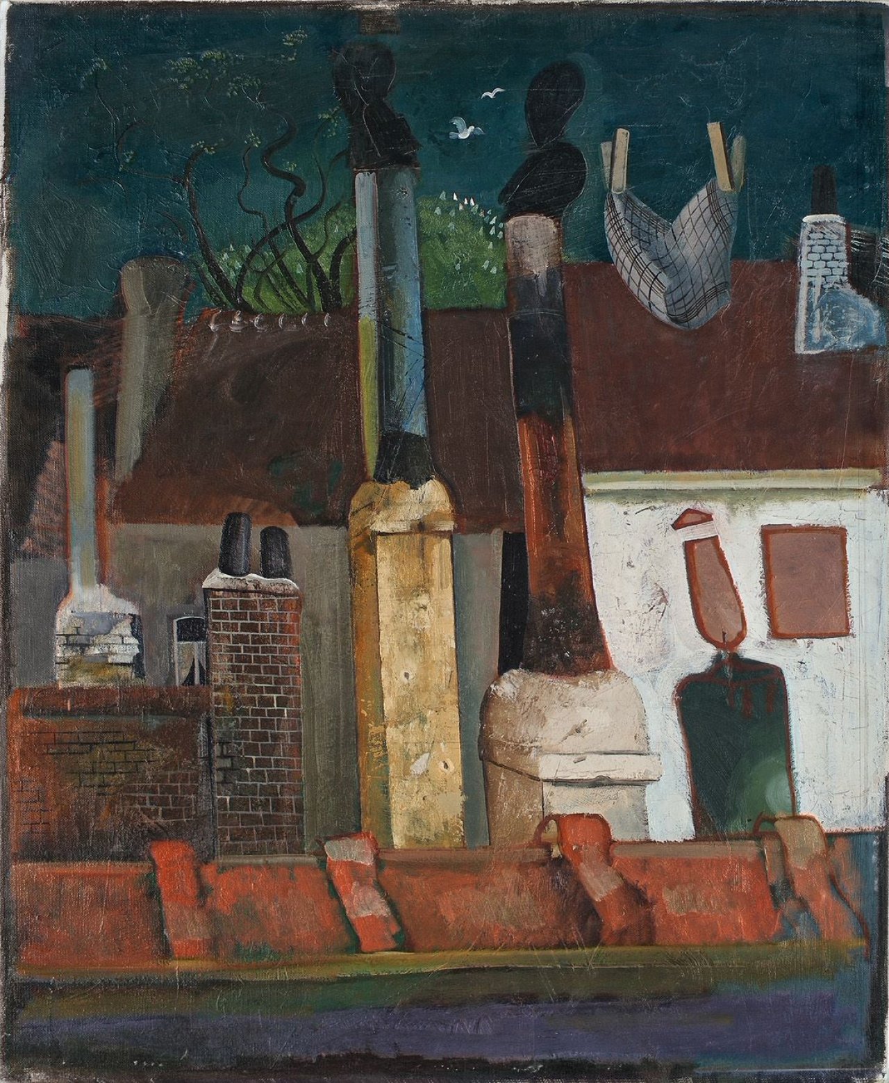 Auf diesem Bild ist das folgende Kunstwerk zu sehen: Felix Nussbaum. „Nächtlicher Ausblick aus dem Atelier mit Geschirrtuch (Über den Dächern)“. Um 1940.