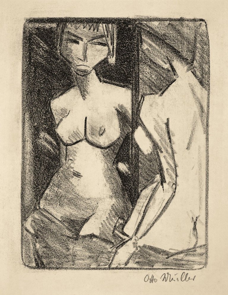 Auf diesem Bild ist das folgende Kunstwerk zu sehen: Otto Mueller. „Mädchenakt vor dem Spiegel (Halbakt)“. 1924.
