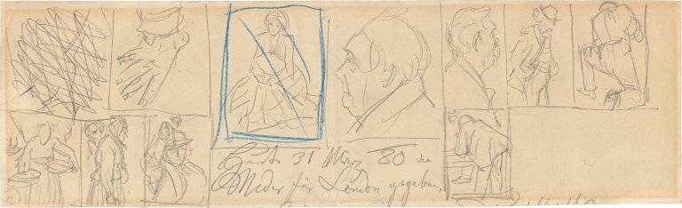 Auf diesem Bild ist das folgende Kunstwerk zu sehen: Adolph Menzel. Erinnerungsblatt mit zehn Skizzen. 1880.