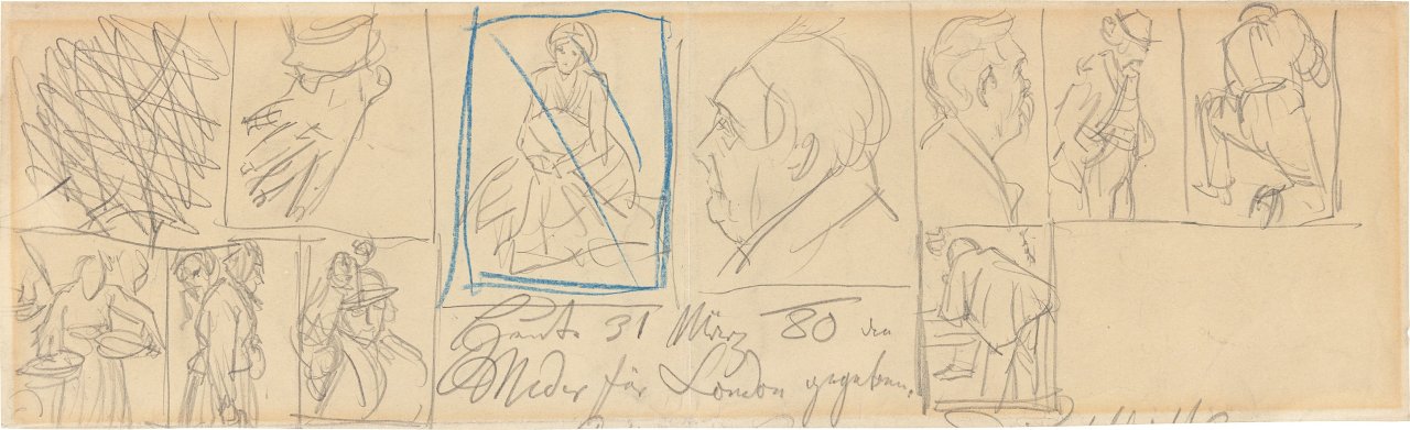 Auf diesem Bild ist das folgende Kunstwerk zu sehen: Adolph Menzel. Erinnerungsblatt mit zehn Skizzen. 1880.