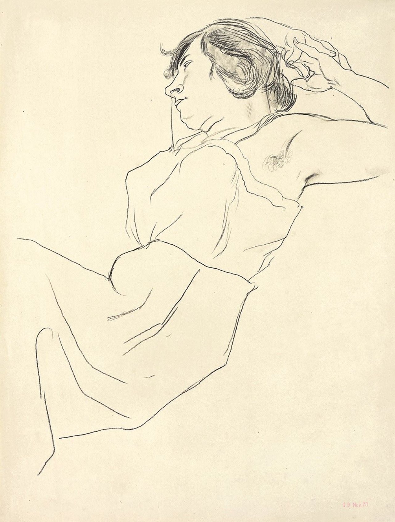 This picture shows the following artwork: George Grosz. „Sitzende, sich zurücklehnende weibliche Figur“. Circa 1923.