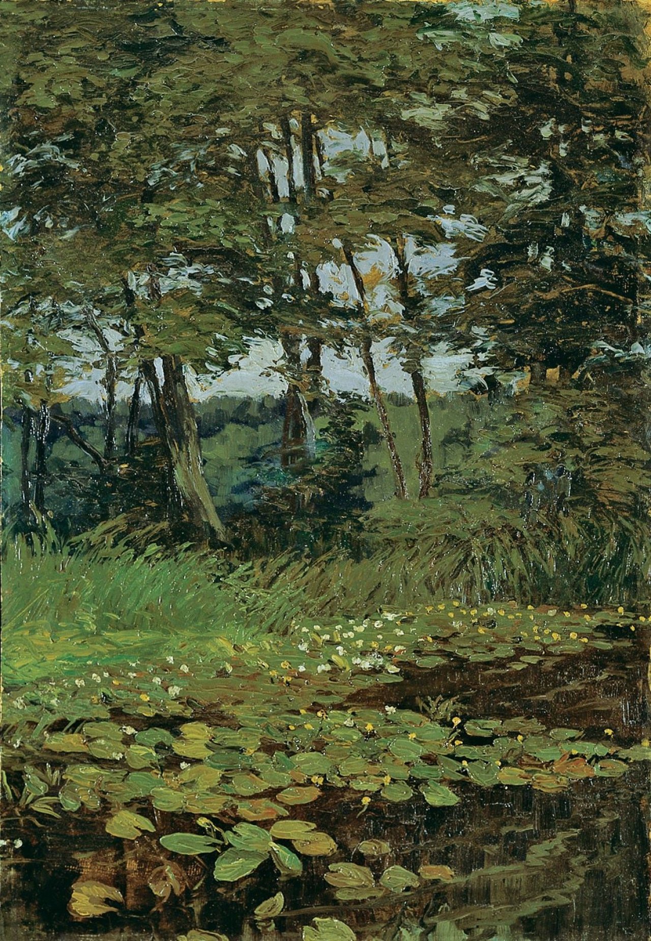 Auf diesem Bild ist das folgende Kunstwerk zu sehen: Karl Hagemeister. „Waldlichtung mit Seerosen“. Um 1895.