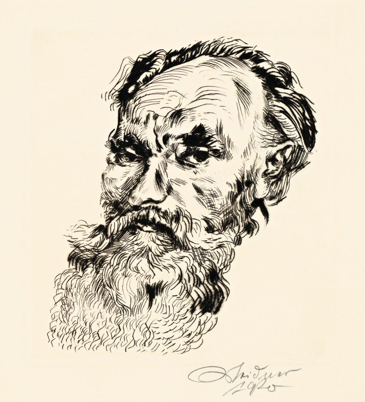 Auf diesem Bild ist das folgende Kunstwerk zu sehen: Ludwig Meidner. Bildnis eines bärtigen Herrn / Selbstportrait. 1920/1923.