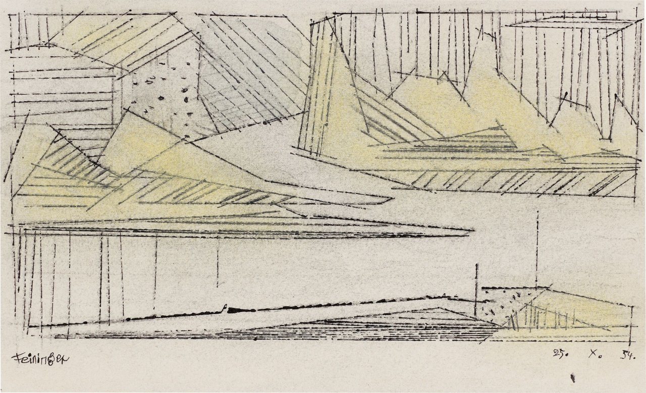 Auf diesem Bild ist das folgende Kunstwerk zu sehen: Lyonel Feininger. Flusslandschaft. 1954.