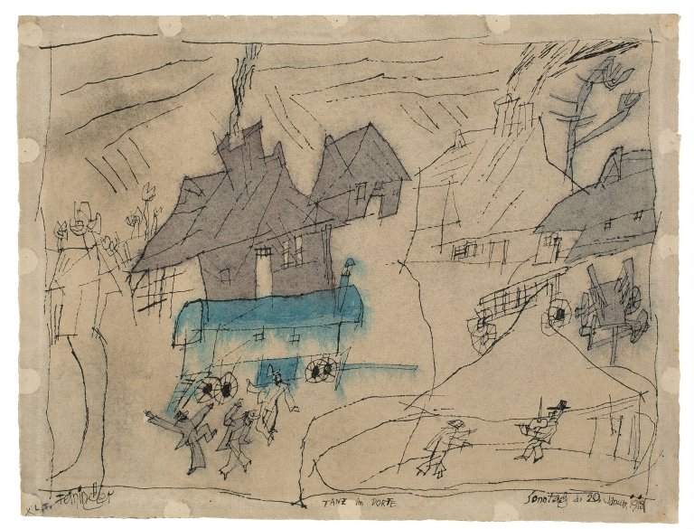 Auf diesem Bild ist das folgende Kunstwerk zu sehen: Lyonel Feininger. „Tanz im Dorfe“. 1918.