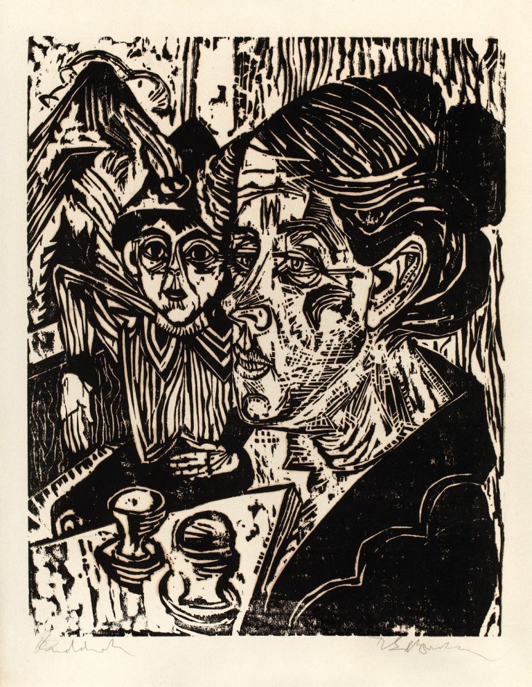Auf diesem Bild ist das folgende Kunstwerk zu sehen: Ernst Ludwig Kirchner. „Bäuerin mit Knaben am Tisch (Frau Schmidt mit Sohn Martin)“. 1917.