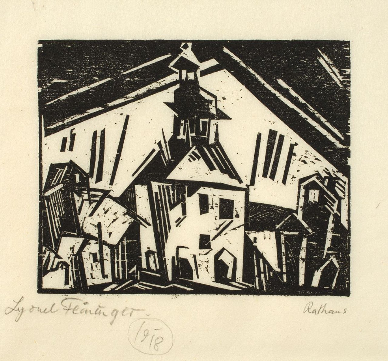 Auf diesem Bild ist das folgende Kunstwerk zu sehen: Lyonel Feininger. „Rathaus von Zottelstedt, 1“ („Rathaus“). 1918.