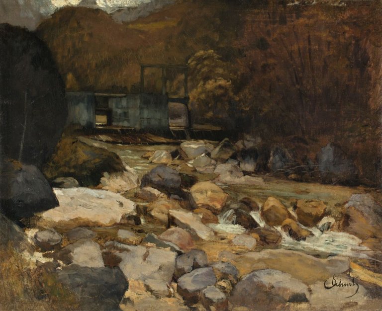 Auf diesem Bild ist das folgende Kunstwerk zu sehen: Carl Schuch. Ein Stauwehr in Prags, Südtirol. 1877.