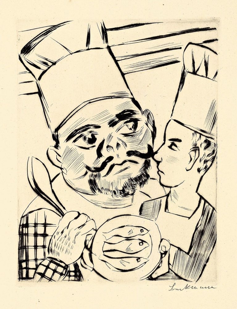 Auf diesem Bild ist das folgende Kunstwerk zu sehen: Max Beckmann. „König Jerums Sohn Ursulus als Küchenlehrling in der Küche seines Vaters“. 1923.