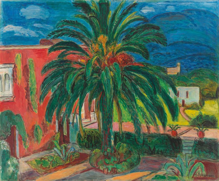 Auf diesem Bild ist das folgende Kunstwerk zu sehen: Hans Purrmann. „Rotes Haus mit Palme“. 1958.