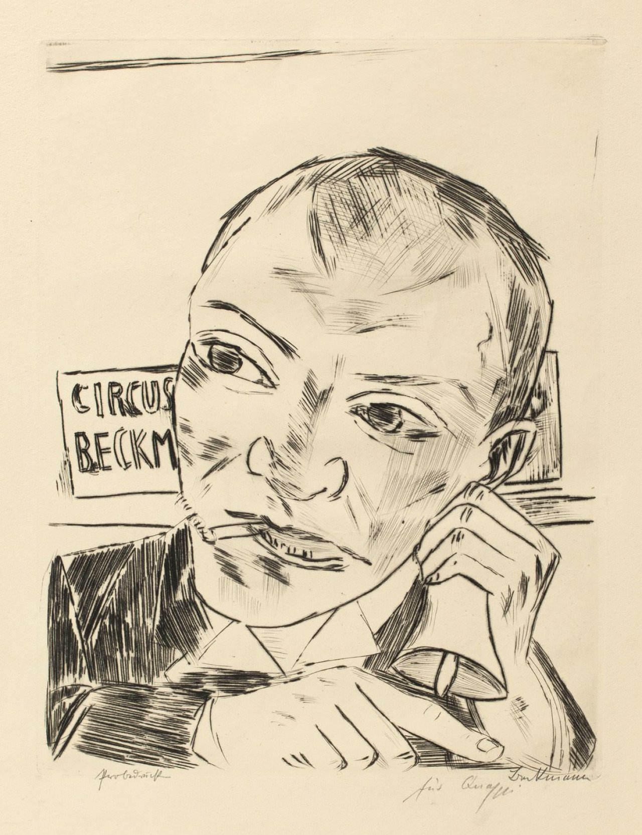 Auf diesem Bild ist das folgende Kunstwerk zu sehen: Max Beckmann. „Der Ausrufer (Selbstbildnis)“. 1921.