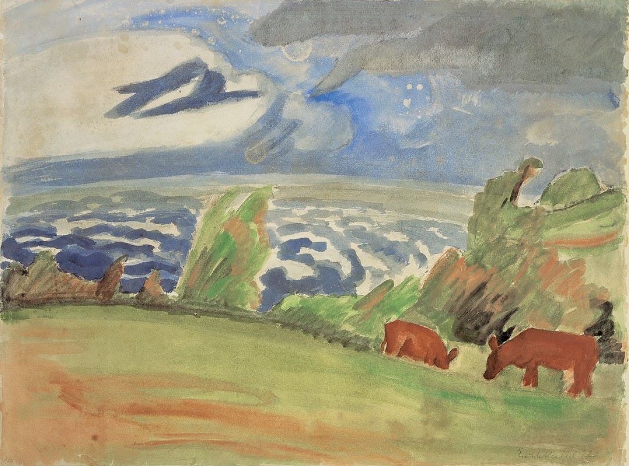 Auf diesem Bild ist das folgende Kunstwerk zu sehen: Erich Heckel. „Weidende Kühe vor der Förde“. 1922.