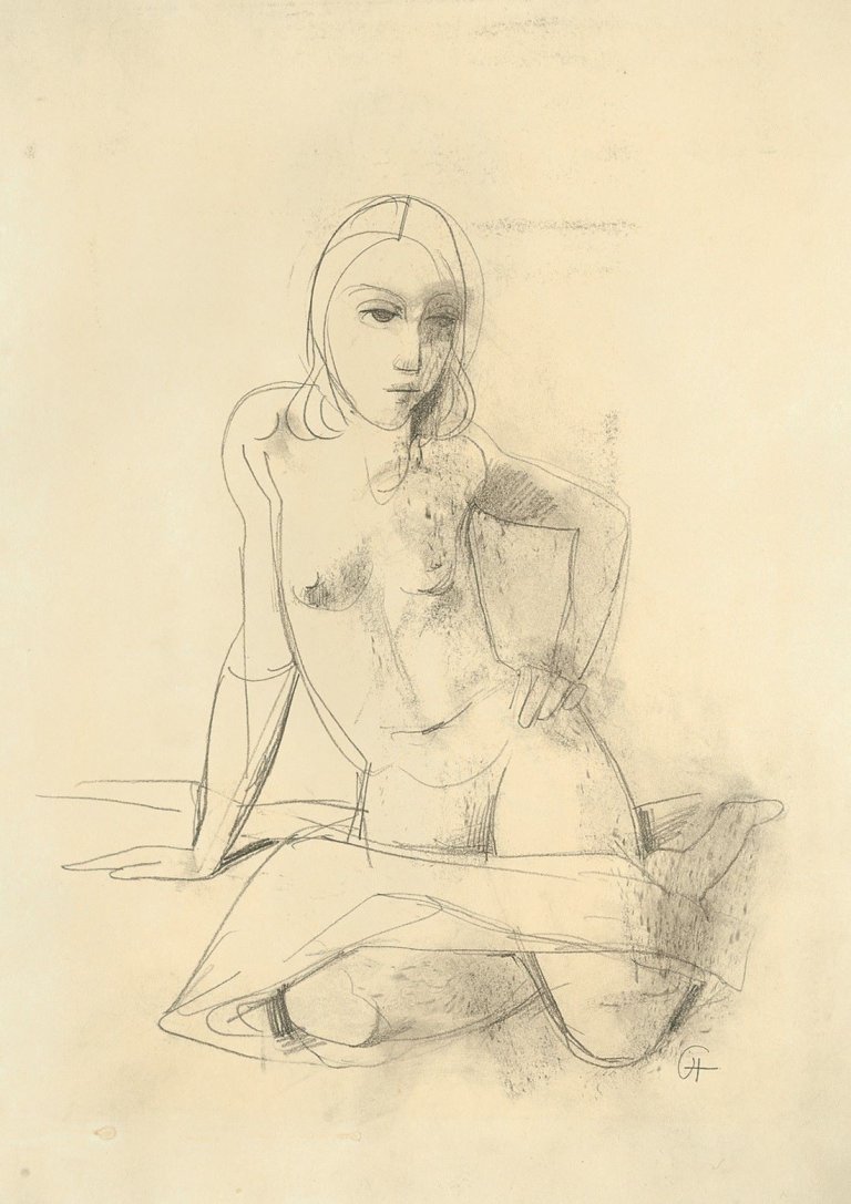 Auf diesem Bild ist das folgende Kunstwerk zu sehen: Karl Hofer. „Sitzender Mädchenakt mit aufgestütztem Arm“.