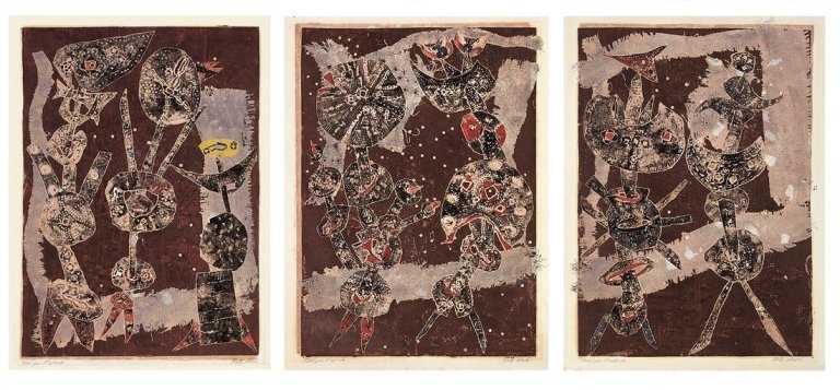 Auf diesem Bild ist das folgende Kunstwerk zu sehen: Rolf Nesch. „Triptychon Tanz“. 1955.