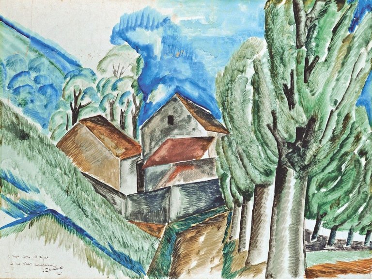 Auf diesem Bild ist das folgende Kunstwerk zu sehen: Ossip Zadkine. Gehöft neben einer Allee. 1920.
