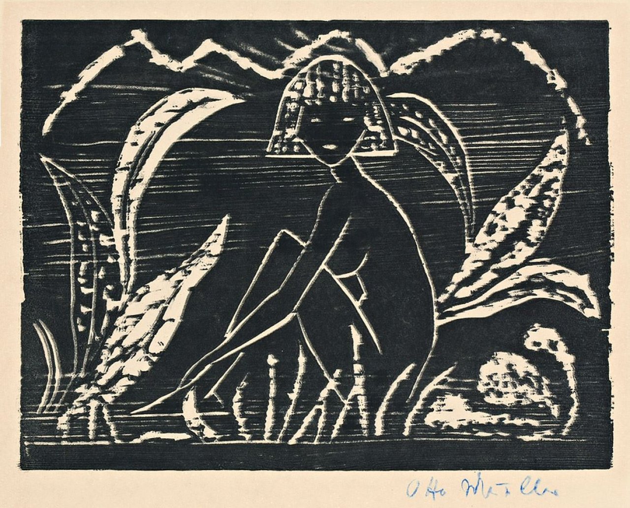This picture shows the following artwork: Otto Mueller. „Mädchen zwischen Blattpflanzen“. 1912.