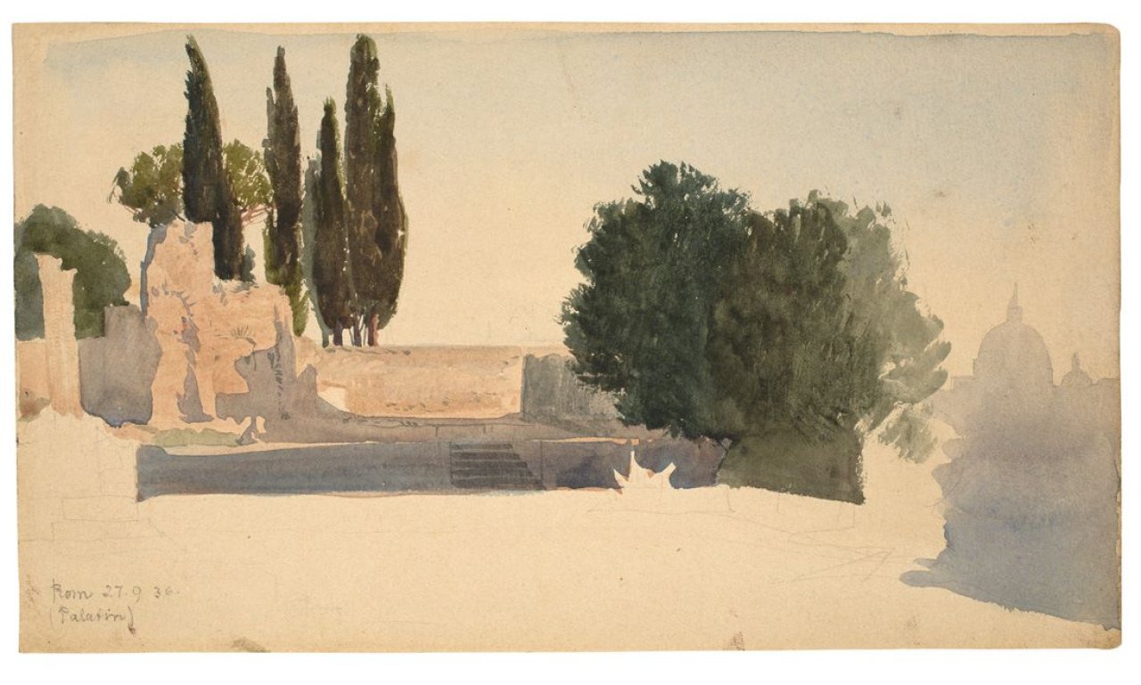 Auf diesem Bild ist das folgende Kunstwerk zu sehen:  Deutsch, 1836. Blick auf Rom.