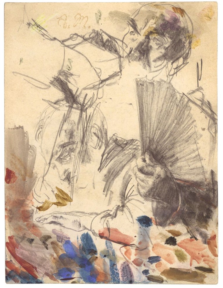 Auf diesem Bild ist das folgende Kunstwerk zu sehen: Adolph Menzel. Studienblatt (Zwei Männer, oben rechts eventuell Bismarck und drei Hände, eine mit Fächer).