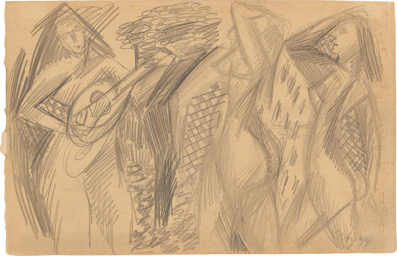 Auf diesem Bild ist das folgende Kunstwerk zu sehen: Ernst Wilhelm Nay. „Gitarrenspieler und Tanzende“. 1944.