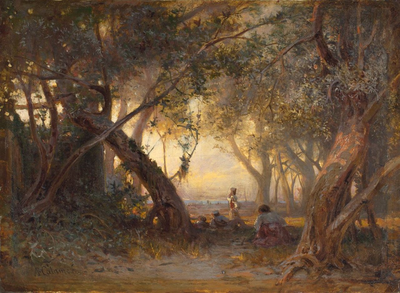 Auf diesem Bild ist das folgende Kunstwerk zu sehen: Arthur Calame. „Sous les oliviers, le soir à San Remo”. 1868.