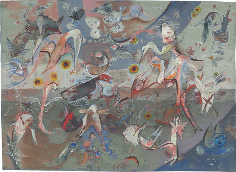 Auf diesem Bild ist das folgende Kunstwerk zu sehen: Hannah Höch. „Der Geschöpfe sind viele zwischen Himmel und Erde“. 1930.