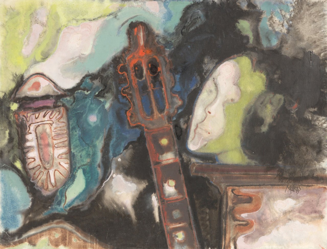 Auf diesem Bild ist das folgende Kunstwerk zu sehen: Max Kaus. Stillleben mit Maske. 1949.