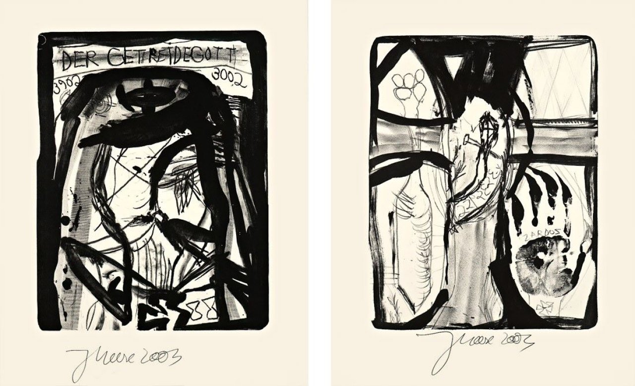 Auf diesem Bild ist das folgende Kunstwerk zu sehen: Jonathan Meese. „Der Getreidegott“ / „Die Erntegöttin“ / „Die Saalgöttin“ / „Die Insektengöttin“ / „Fräulein Siegfried“. 2003/2004.