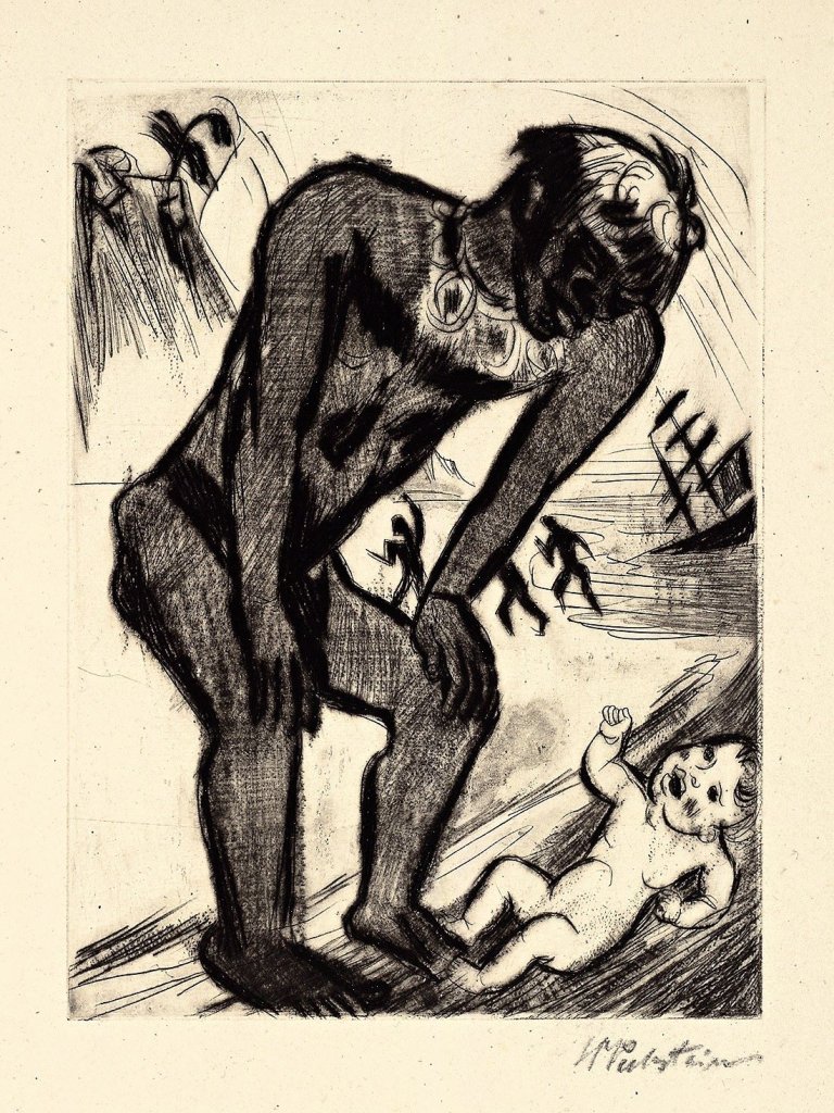 Auf diesem Bild ist das folgende Kunstwerk zu sehen: Max Pechstein. „Yali I (Das Findelkind)“ / „Yali II (Die Ona und das weiße Mädchen)„ / „Yali IV (Yalis Werbung)“. 1923.