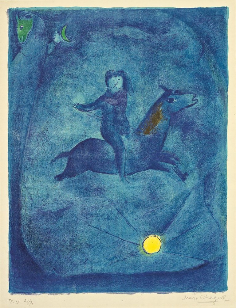 Auf diesem Bild ist das folgende Kunstwerk zu sehen: Marc Chagall. Tafel 12 aus: „Four Tales from the Arabian Nights“. 1948.