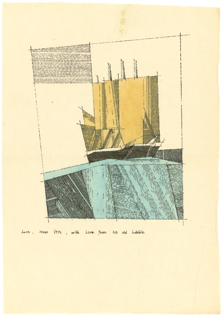 Auf diesem Bild ist das folgende Kunstwerk zu sehen: Lyonel Feininger. Schiff mit gelben Segeln. 1934.