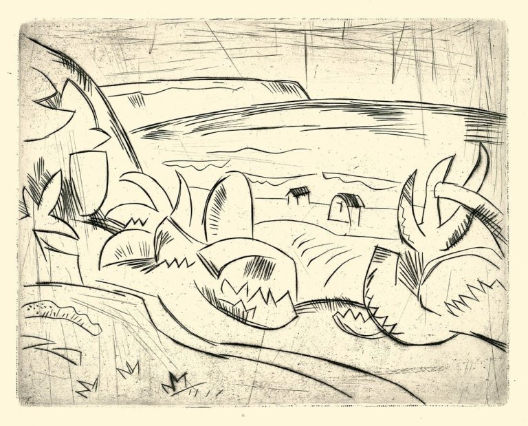 Auf diesem Bild ist das folgende Kunstwerk zu sehen: Karl Schmidt-Rottluff. „Ostseeküste“ / „Lesender Mann“. 1920/1921.