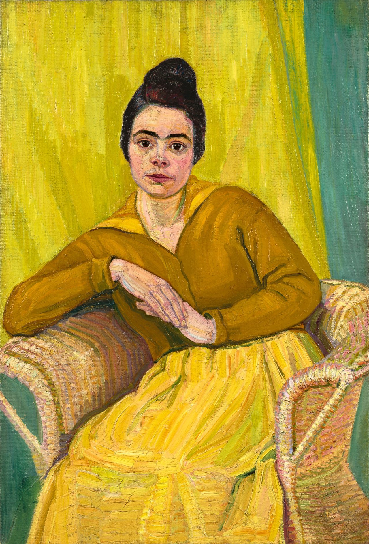 Auf diesem Bild ist das folgende Kunstwerk zu sehen: Koloman Moser. „Sitzende Dame im Korbstuhl“. Um 1910.
