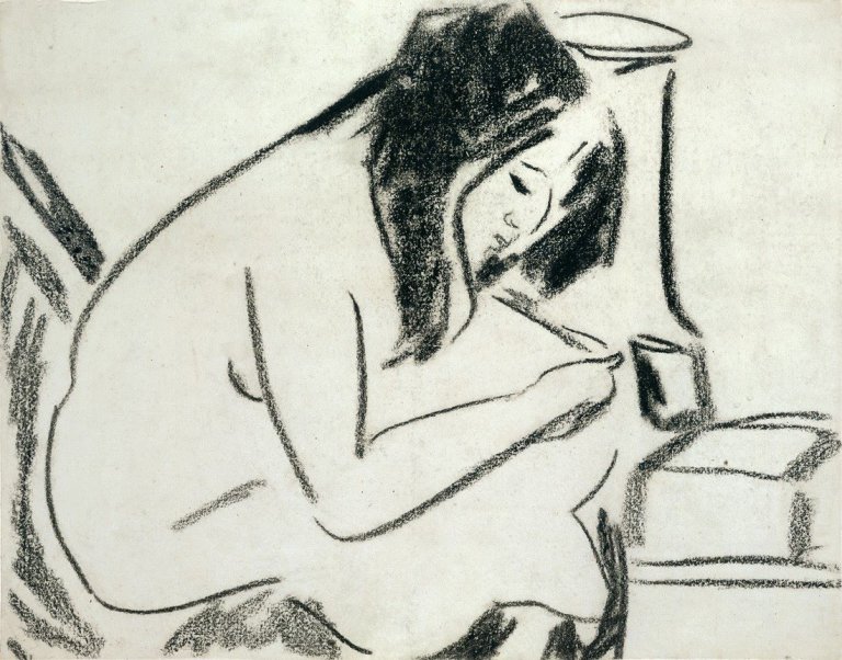 Auf diesem Bild ist das folgende Kunstwerk zu sehen: Ernst Ludwig Kirchner. Sitzender weiblicher Akt. Um 1909/10.