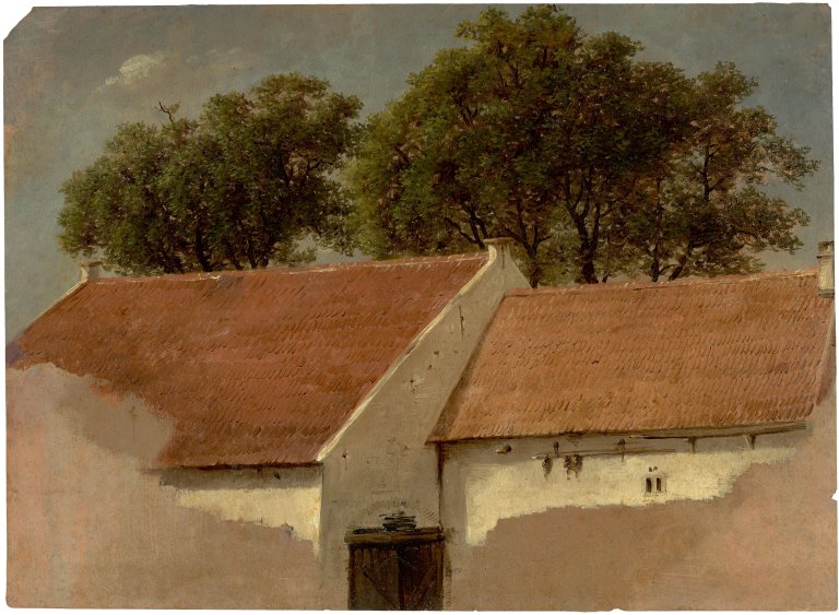 Auf diesem Bild ist das folgende Kunstwerk zu sehen:  Dänisch, um 1850. Bäume hinter Dächern.