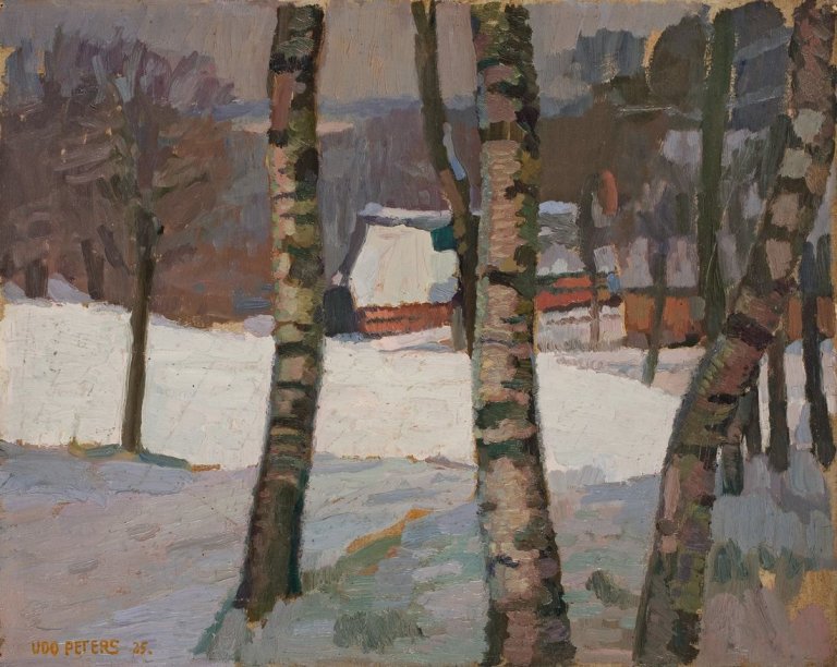 Auf diesem Bild ist das folgende Kunstwerk zu sehen: Udo Peters. Bauernhaus hinter Birken im Winter. 1925.