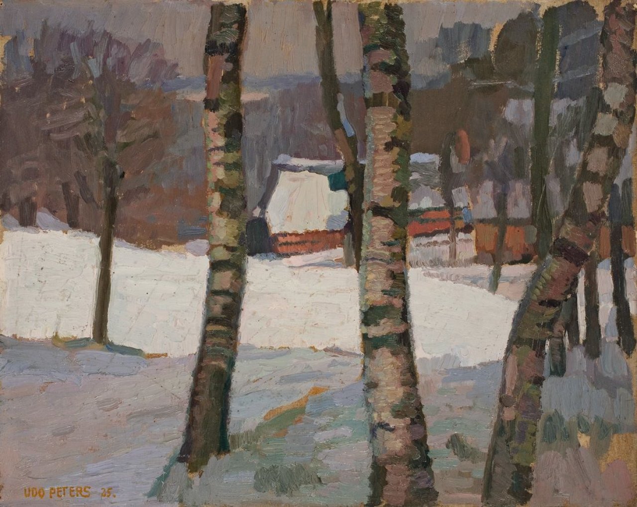 Catalog image of Bauernhaus hinter Birken im Winter. 1925