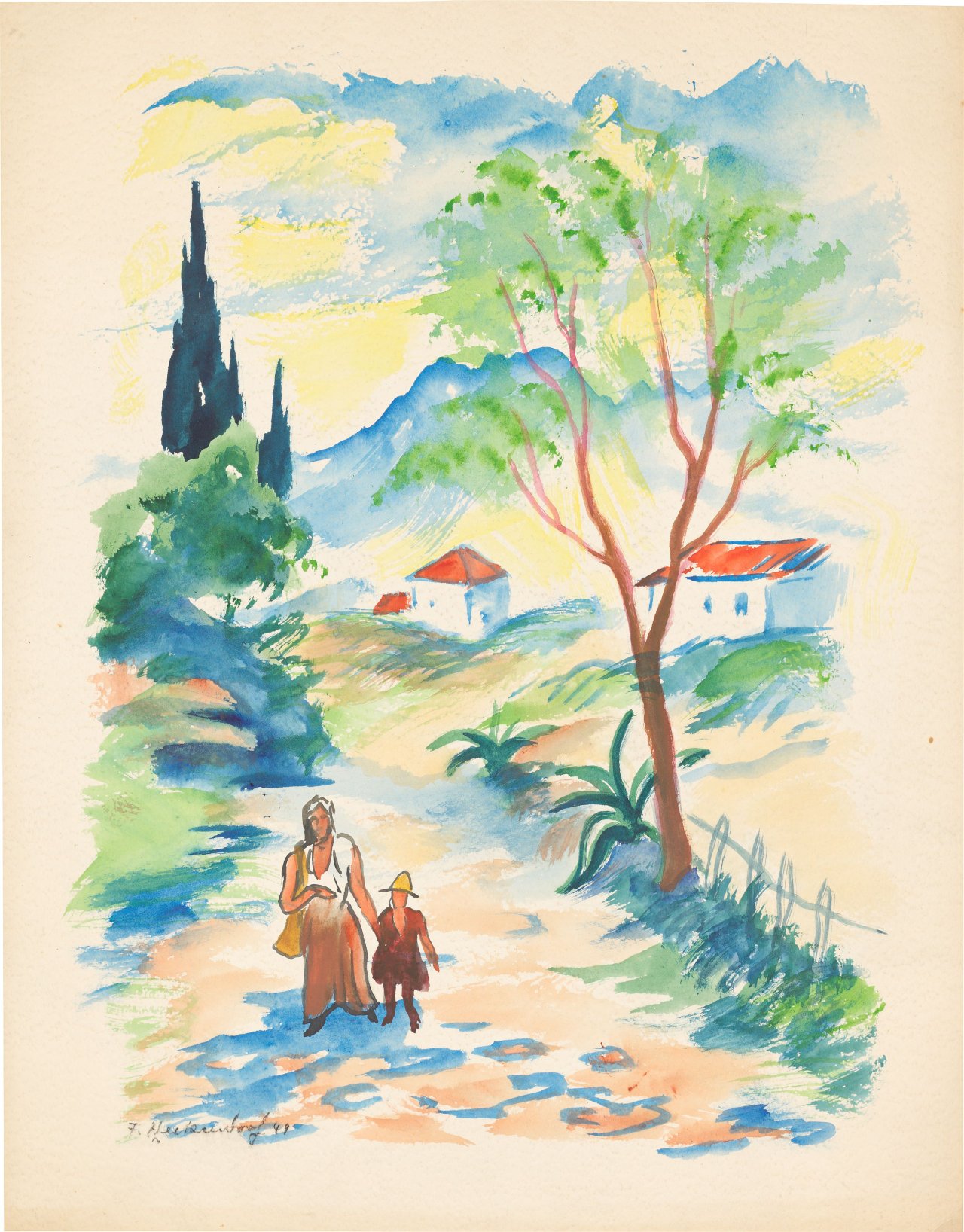 Auf diesem Bild ist das folgende Kunstwerk zu sehen: Franz Heckendorf. Berglandschaft mit See und Bäumen / Auf dem Weg. 1951 / 1949.