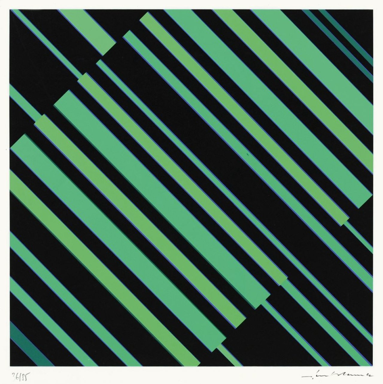 Auf diesem Bild ist das folgende Kunstwerk zu sehen: Günter Fruhtrunk. Ohne Titel (Streifenkomposition Grün-Schwarz).