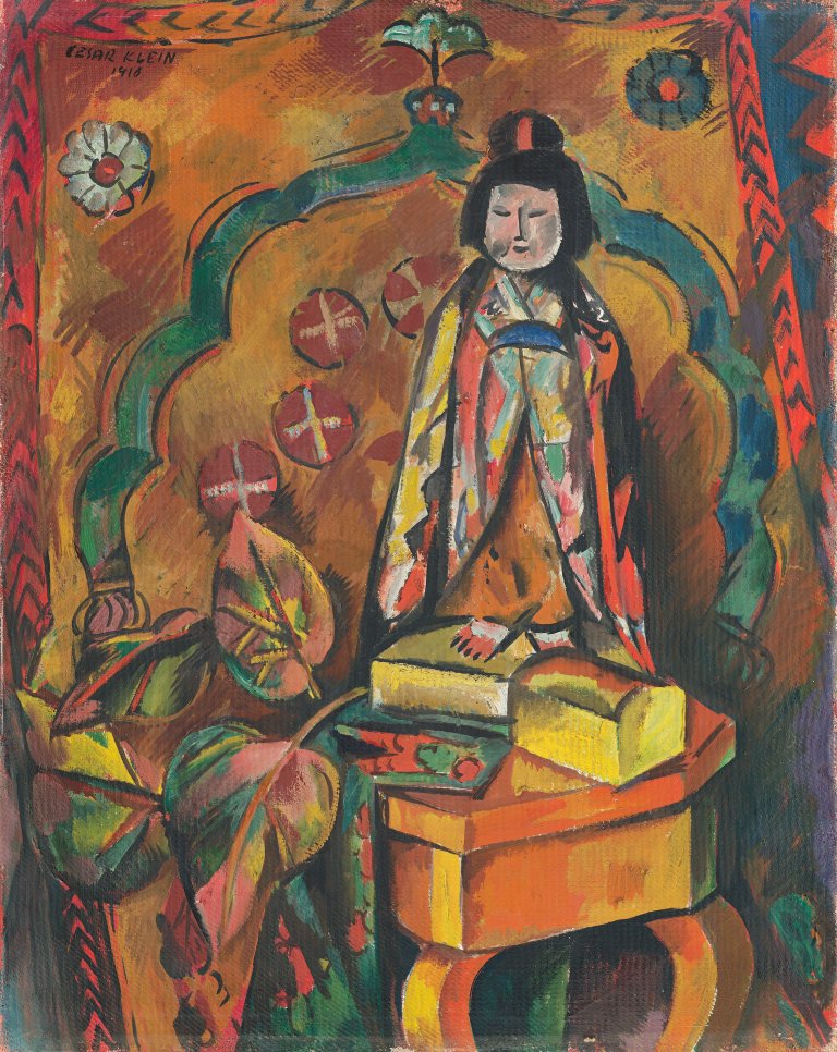 Auf diesem Bild ist das folgende Kunstwerk zu sehen: César Klein. „Stilleben mit Figur“ („Stilleben mit Puppe“). 1918.