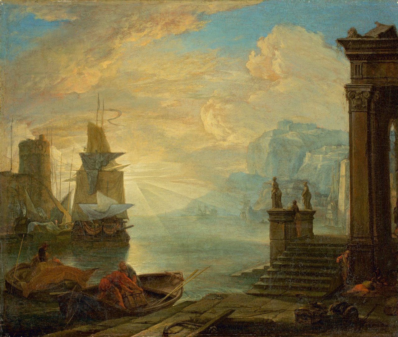 Auf diesem Bild ist das folgende Kunstwerk zu sehen: Hendrik van Minderhout. Südlicher Seehafen mit Segelschiffen. Um 1670/80.