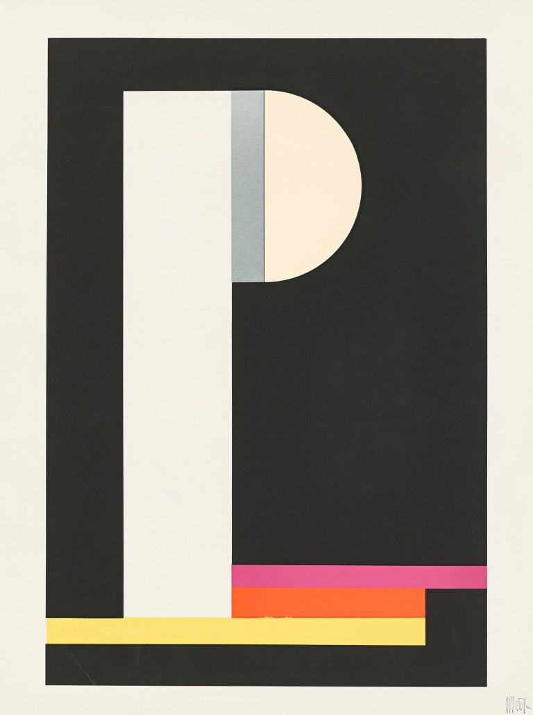 Auf diesem Bild ist das folgende Kunstwerk zu sehen: Walter Dexel. „Das harte P-Bild“ / „Krieger im Lederhelm“ / „Komposition mit rotem Balken“ / „Das große H“. 1969/1971.