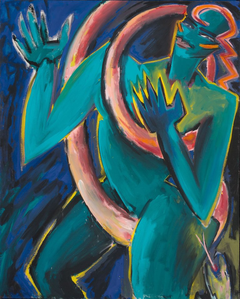 Auf diesem Bild ist das folgende Kunstwerk zu sehen: Elvira Bach. „Grüner Akt“. 1985.