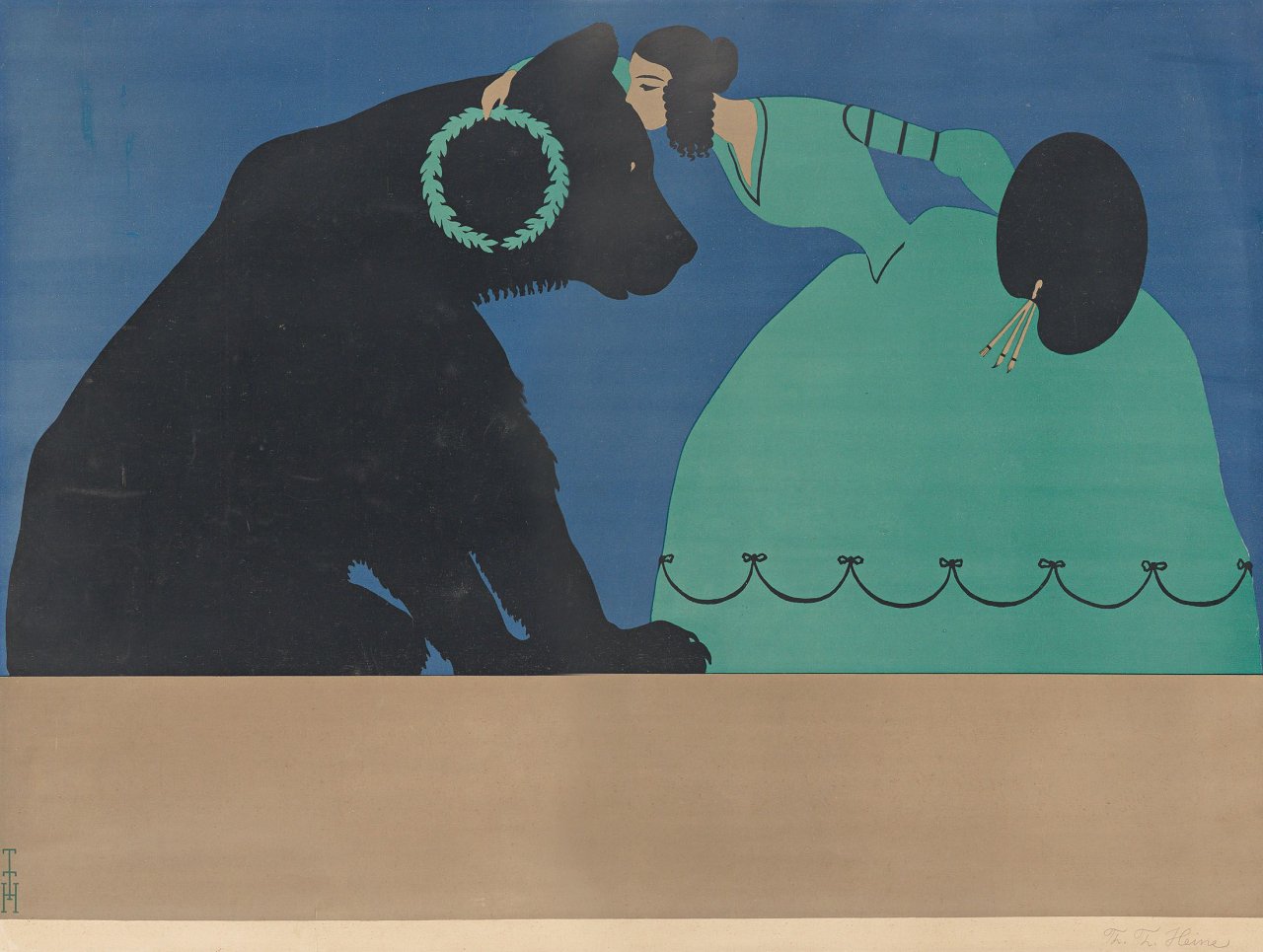 Auf diesem Bild ist das folgende Kunstwerk zu sehen: Thomas Theodor Heine. „Die Muse der Malerei küßt den Berliner Bären“. 1901.