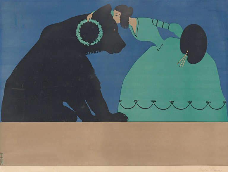 Auf diesem Bild ist das folgende Kunstwerk zu sehen: Thomas Theodor Heine. „Die Muse der Malerei küßt den Berliner Bären“. 1901.