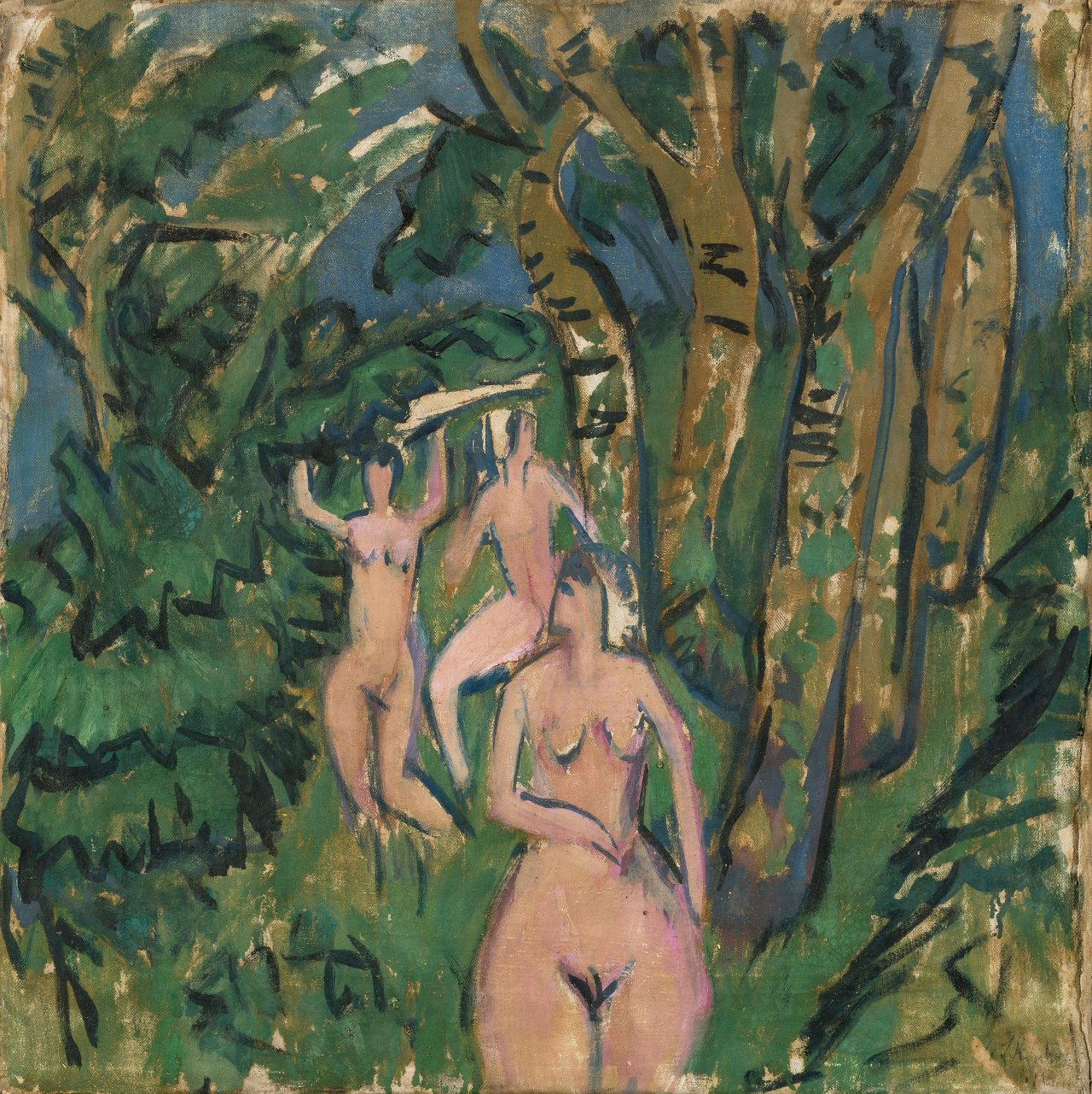 Auf diesem Bild ist das folgende Kunstwerk zu sehen: Ernst Ludwig Kirchner. „Akte im Wald“ (Fehmarn). 1912.
