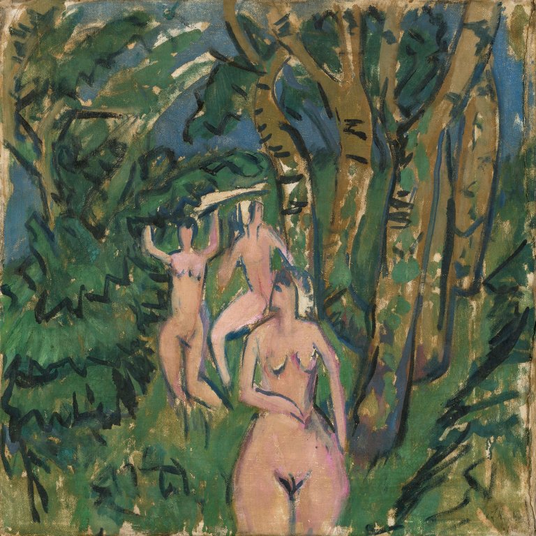 Auf diesem Bild ist das folgende Kunstwerk zu sehen: Ernst Ludwig Kirchner. „Akte im Wald“ (Fehmarn). 1912.